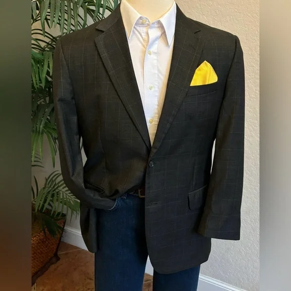 JOS A BANK MENS BLAZER JACKET MENS SIZE 42R SPORT COAT CHARCOAL GRAY WINDOWPANE